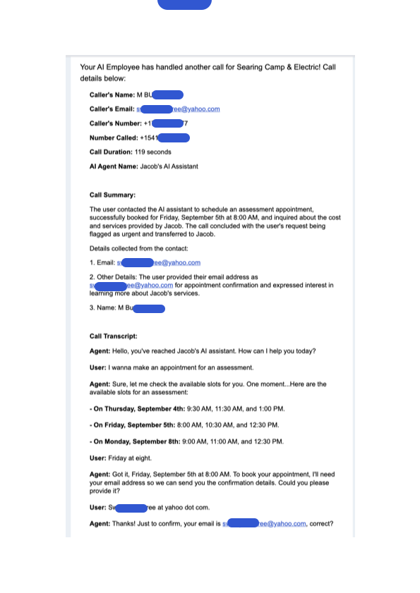 Example of call transcript email showing detailed customer information and conversation